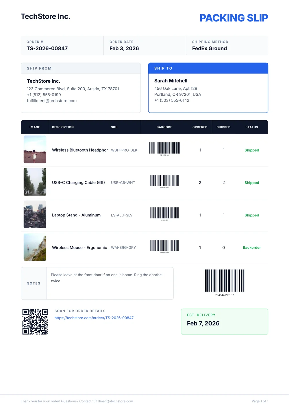 Clean Ecommerce Packing Slip
