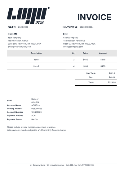 US Invoice Template with ACH Bank Transfer Details
