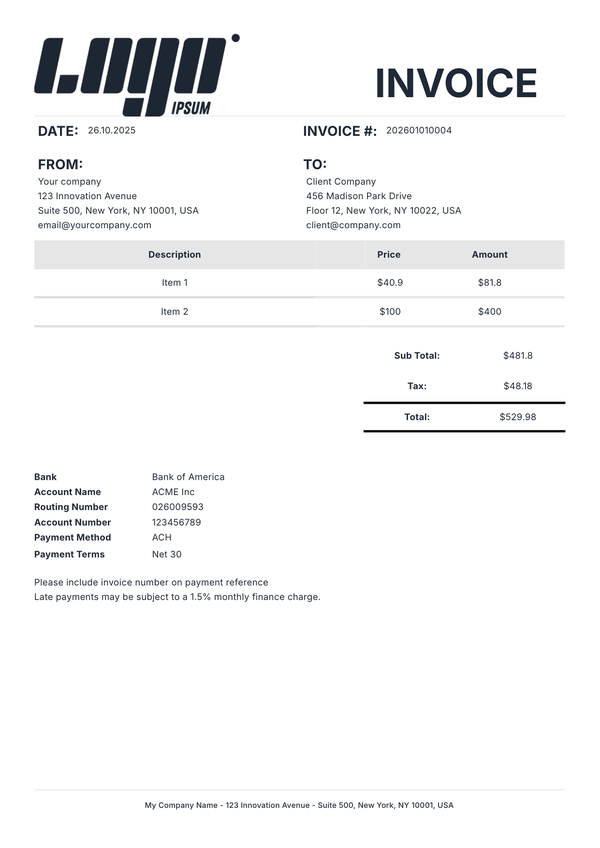 American Invoice Template with ACH Details