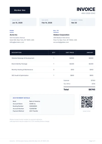Invoice with QR Code for Mobile Payment