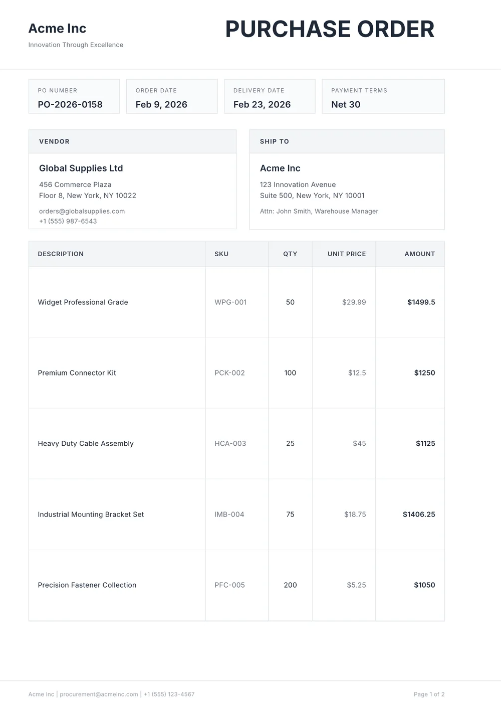 US Purchase Order with ACH Bank Details