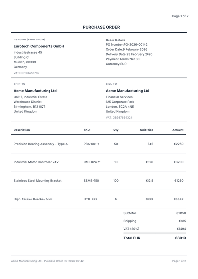 European VAT Purchase Order with IBAN Payment