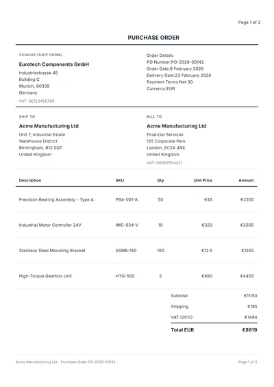 European VAT Purchase Order with IBAN Payment