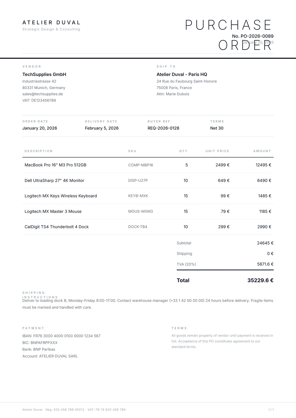 French Purchase Order with TVA & IBAN