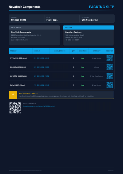 Tech Electronics Packing Slip with Serial Numbers