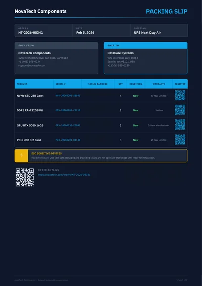 Tech Electronics Packing Slip with Serial Numbers