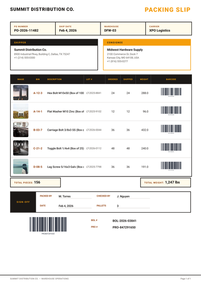 Warehouse Wholesale B2B Bulk Order Packing Slip