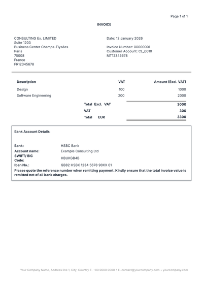 European Corporate Invoice with VAT & IBAN