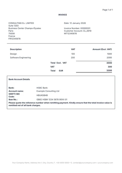 European Corporate Invoice with VAT & IBAN
