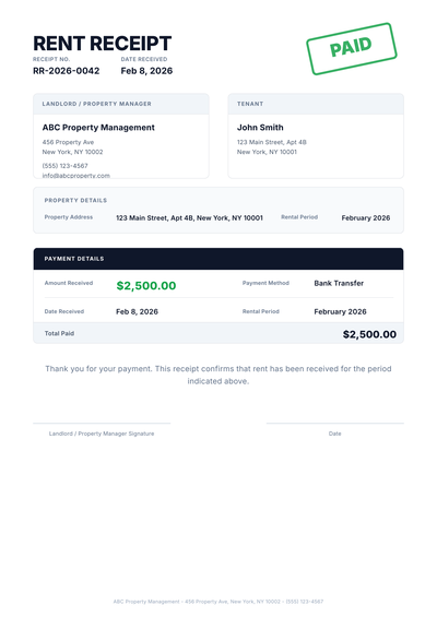 Rent Payment Receipt Template