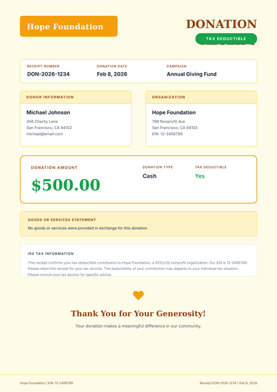 Tax-Deductible Donation Receipt Template