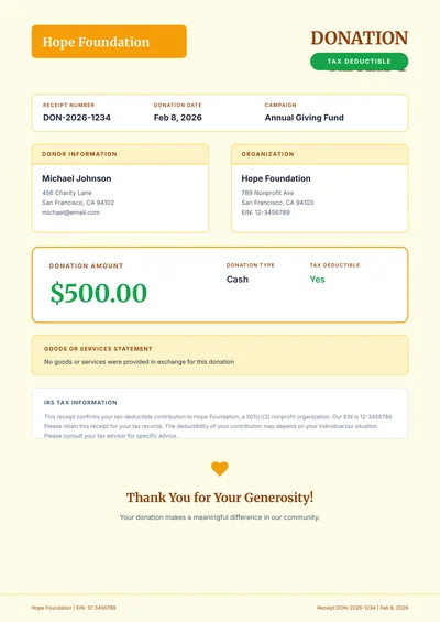 Tax-Deductible Donation Receipt Template