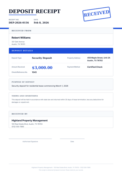 Security Deposit Receipt Template