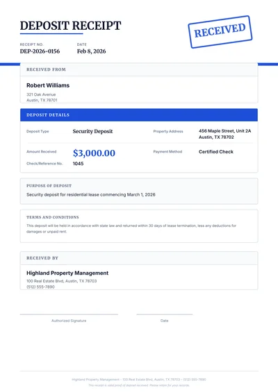 Security Deposit Receipt Template