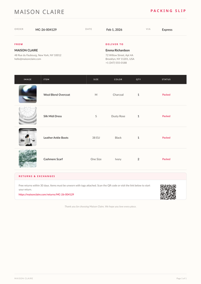 Fashion Boutique Apparel Packing Slip