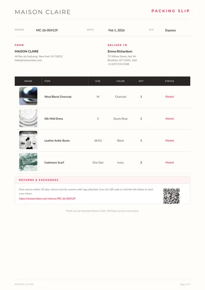 Fashion Boutique Apparel Packing Slip