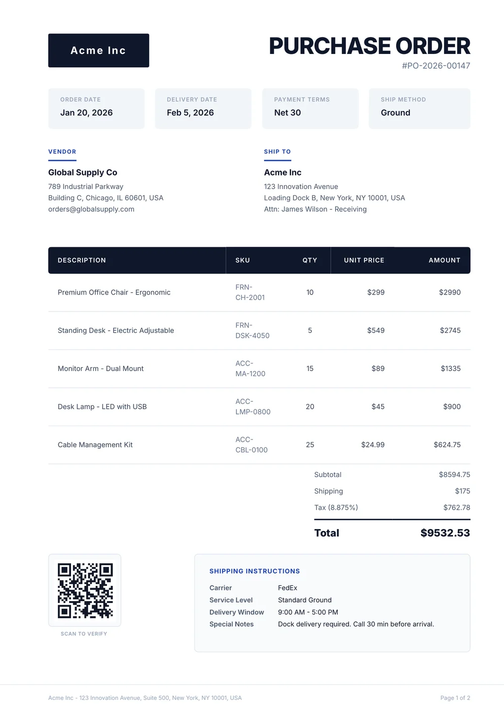 Digital Purchase Order with QR Code Verification