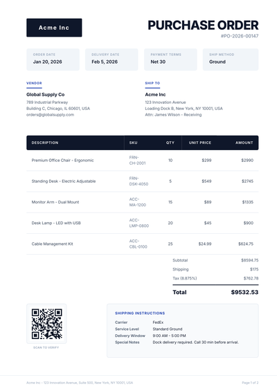 Digital Purchase Order with QR Code Verification