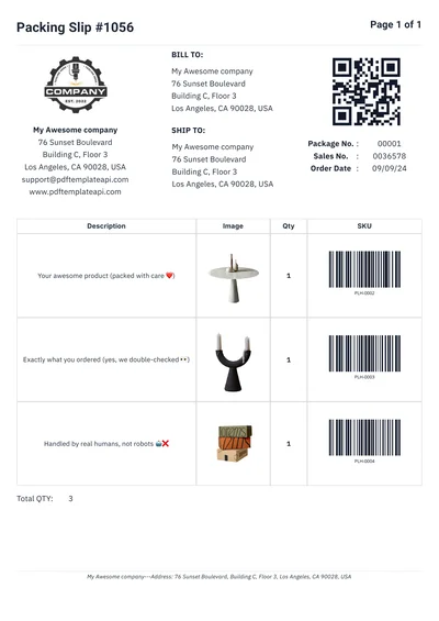 Packing Slip with QR Code and Barcode Tracking